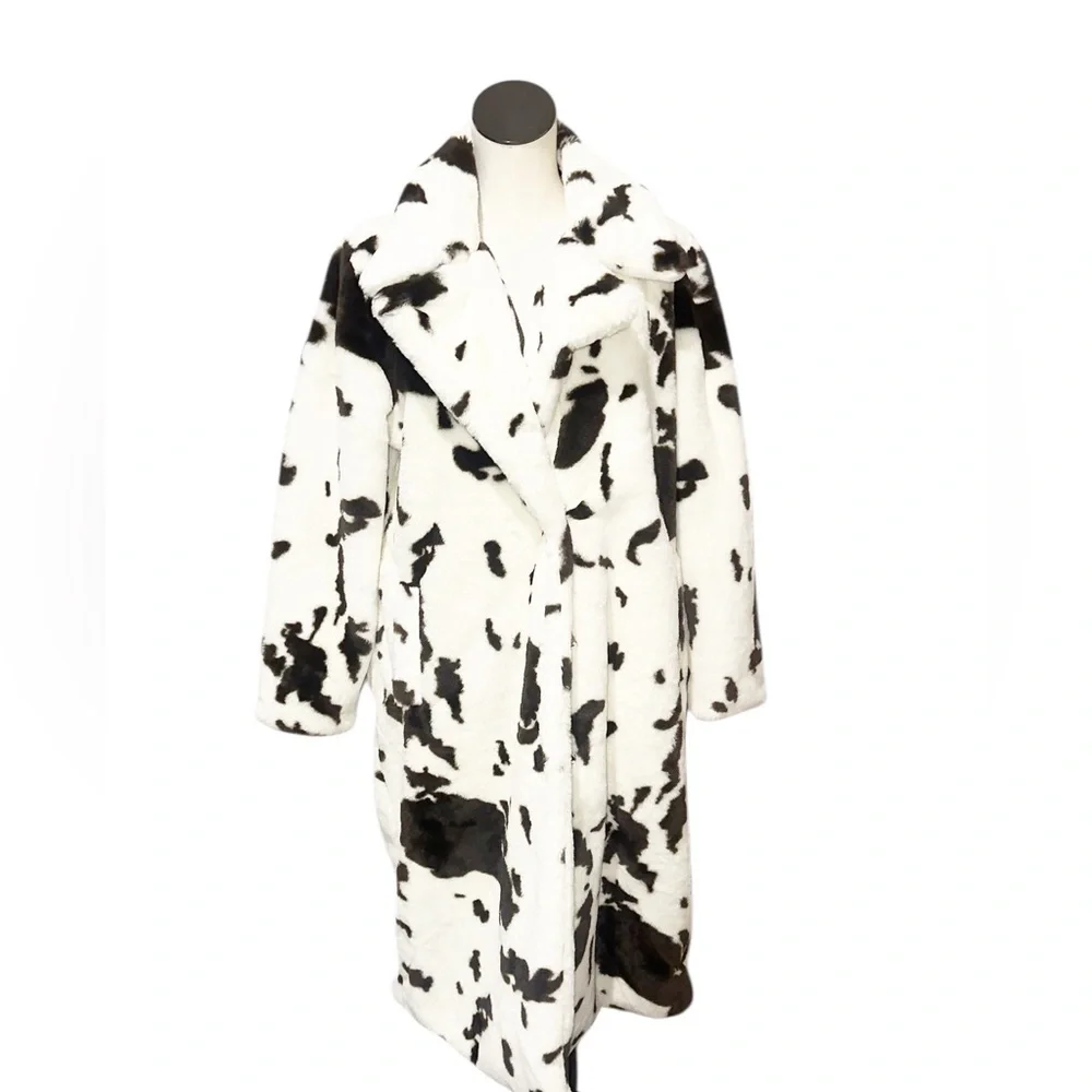 NWT Cow Print Faux Fur Coat Brown White Dalmatian Pattern Fluffy Winter Jacket
